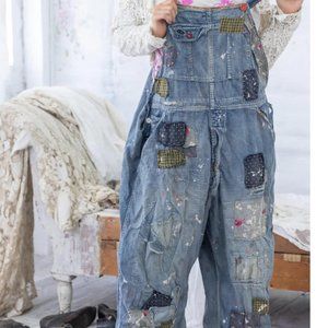 NWT Magnolia Pearl Benjamin Wide Leg Overalls Blue Patched Faded Indigo …